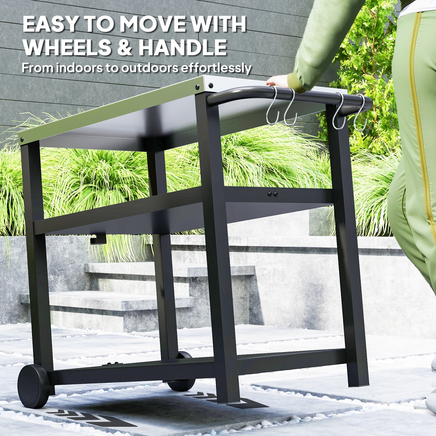 Outdoor Grill Dining Cart 3-Shelf Movable Pizza Oven Table Stand with Stainless Steel Top, Portable BBQ Trolley Food Prep Outdoor Kitchen BBQ Station