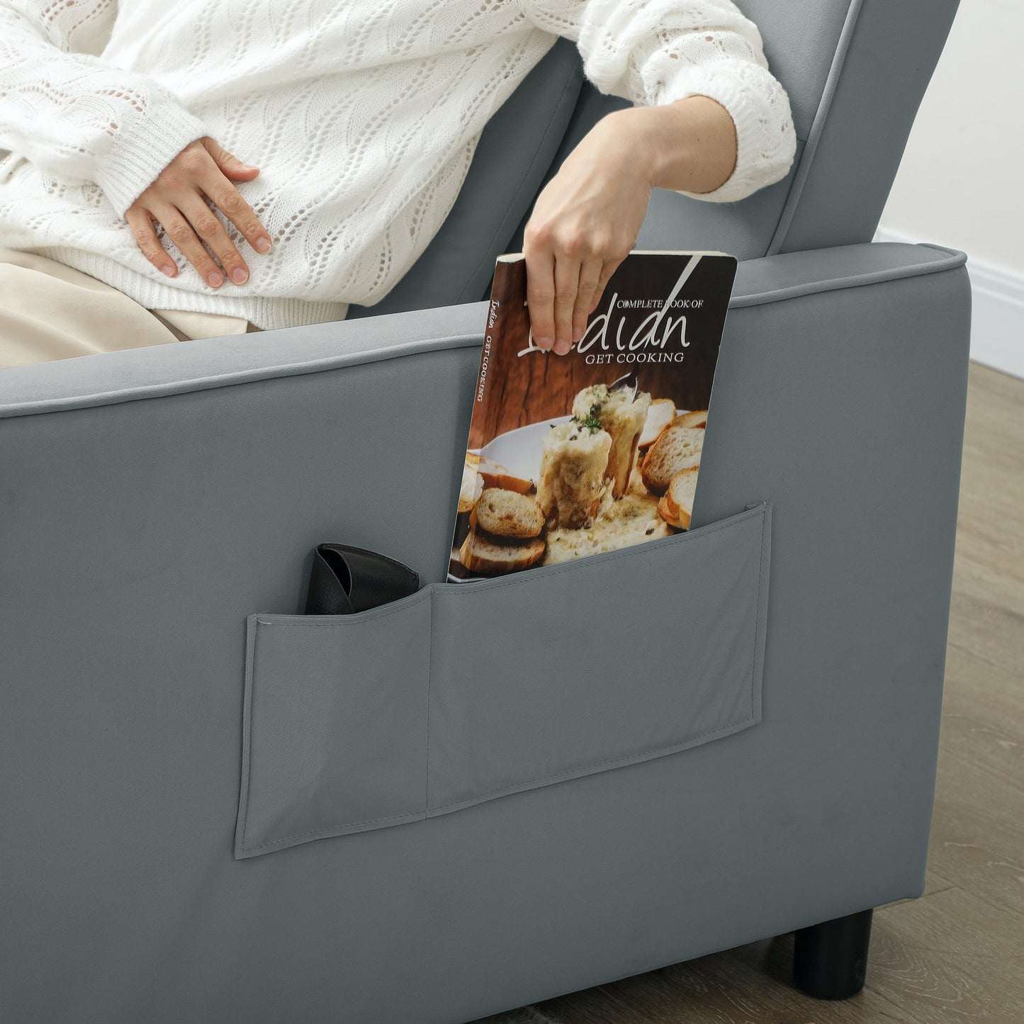 Three-Person Velvet-Feel Sofa Bed - Grey