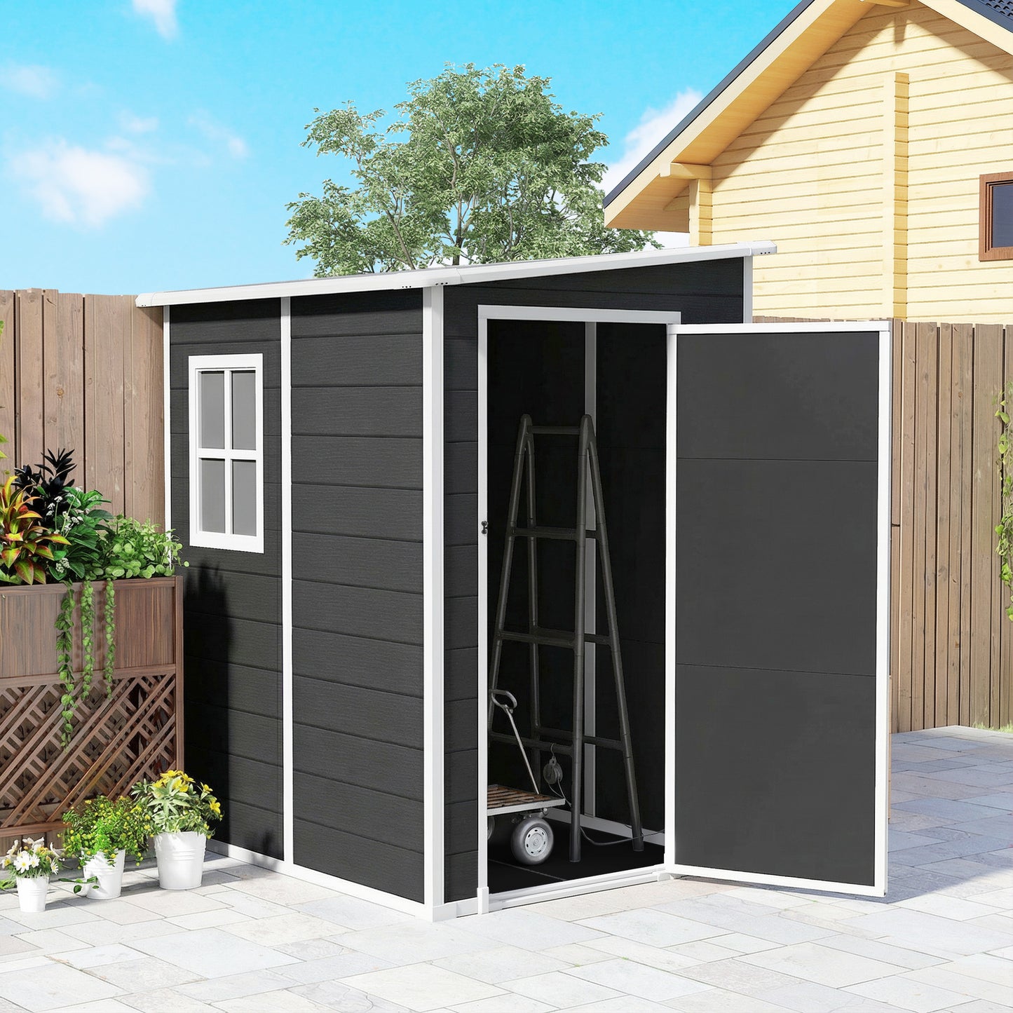 Aluminium Alloy & PP Lean-To Garden Storage Shed | Lockable Door | Lock & 3 Keys | Window | Vent | Sloped Roof | 40kg/m² Snow Rating | 122x149x192cm | 1.54m² | Black
