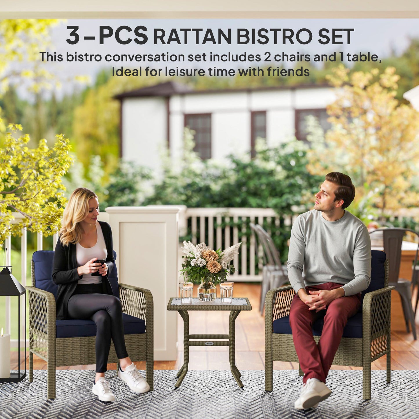 3 Pieces Rattan Bistro Set with Glass Top Coffee Table, Chairs and Cushions for Outdoor, Patio, Balcony, Charcoal Grey