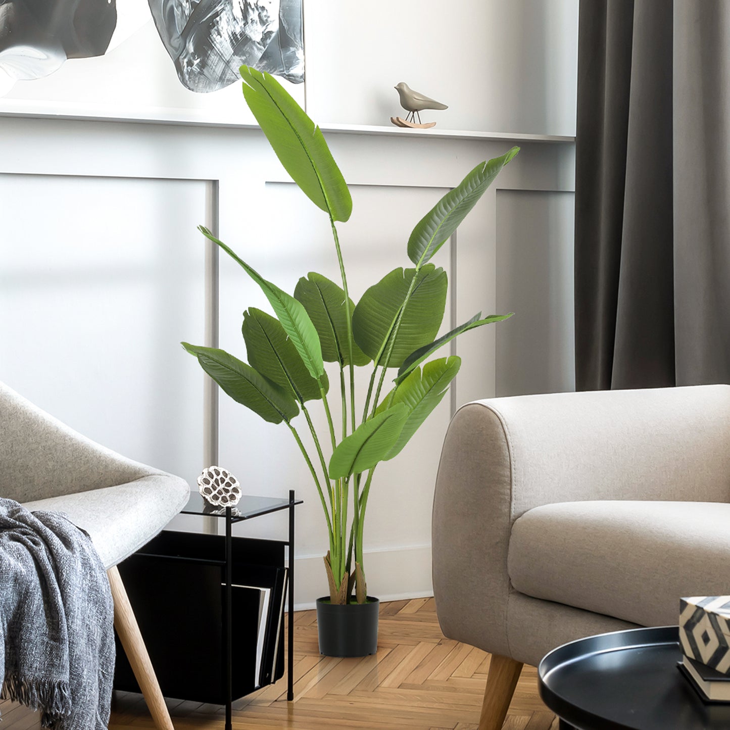 160cm Tall Artificial Bird of Paradise Plant, Faux Banana Leaf Tree with PEVA Leaves and Flocking, Decorative Palm Tree in Pot