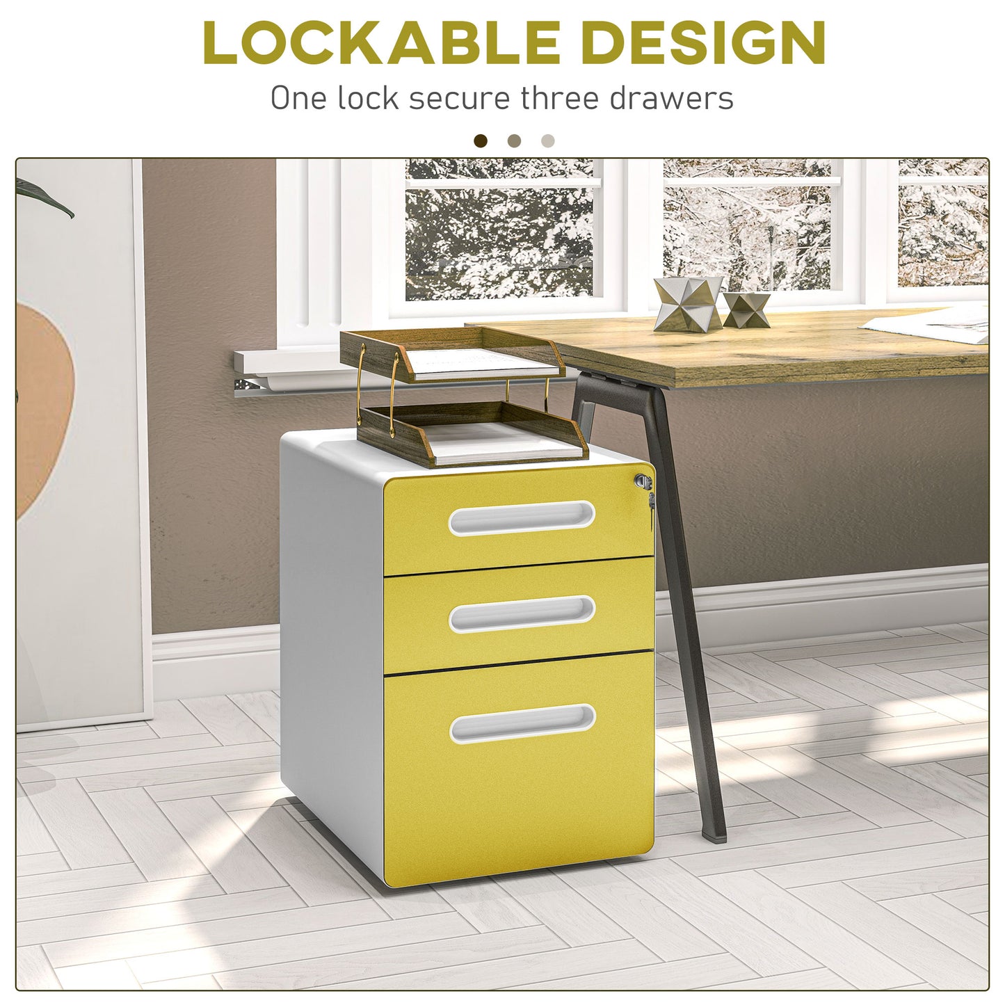 Vinsetto 3 Drawer Filing Cabinet, Steel Lockable File Cabinet with Lock and Wheels, for A4, Letter, Legal Sized Files