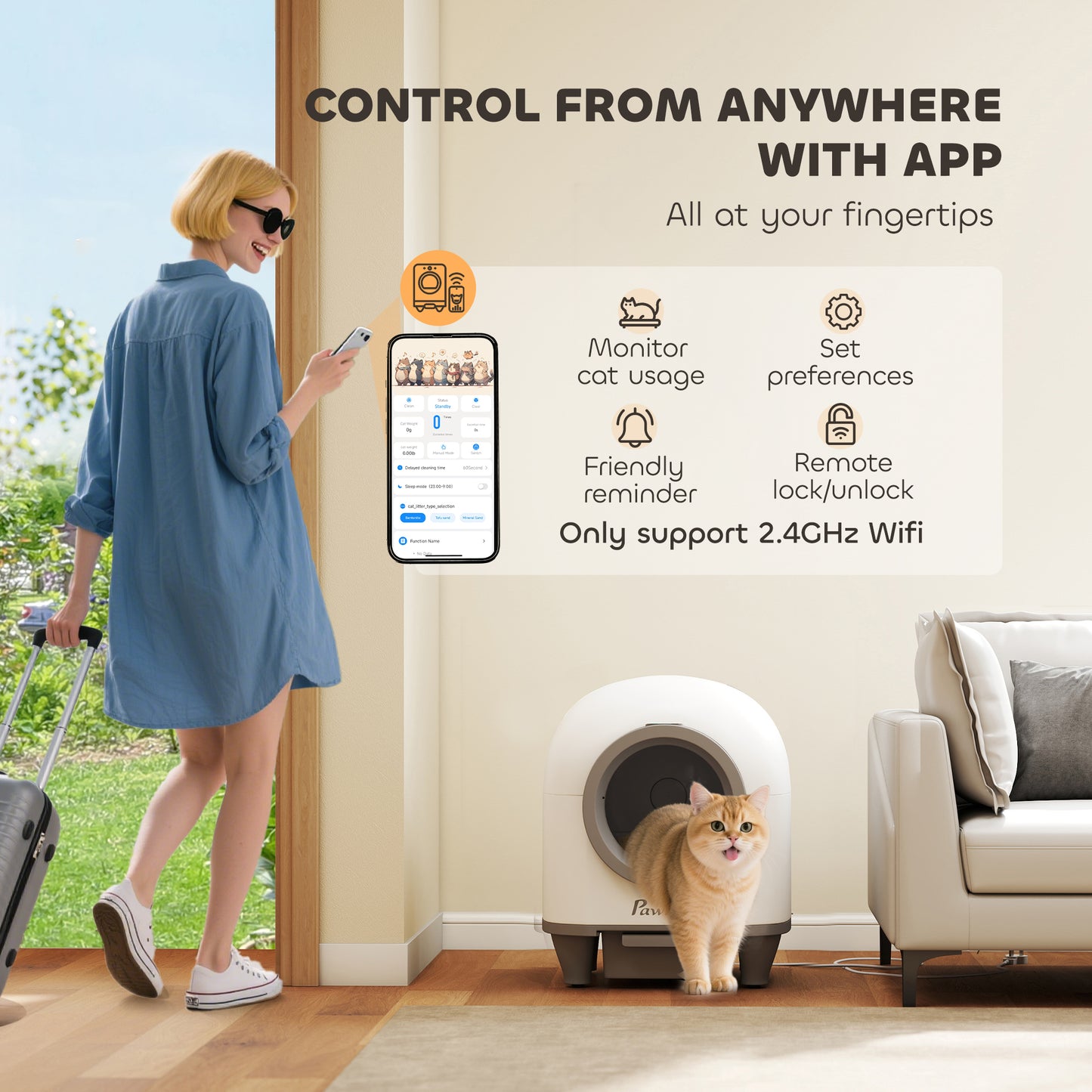 PawHut 80L Extra Large Self Cleaning Cat Litter Tray with APP Control, Safety Protection, Odour Removal, Rubbish Bag for Multiple Kittens