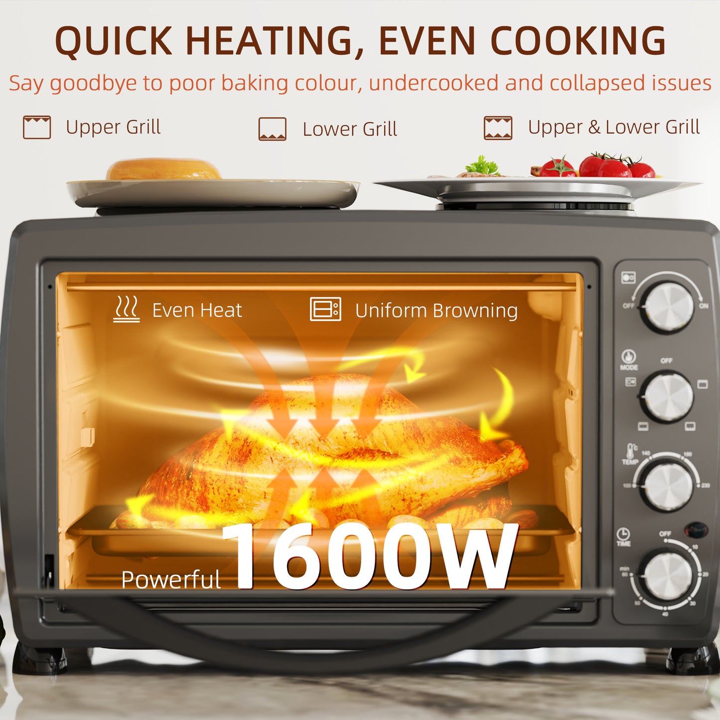 36L Small Oven with 2 Hot Plates, Countertop Toaster Oven, Grill, Roast, Bake, Boil, W/ Timer, Adjustable Temperature, Electric Oven W/ Grill Rack