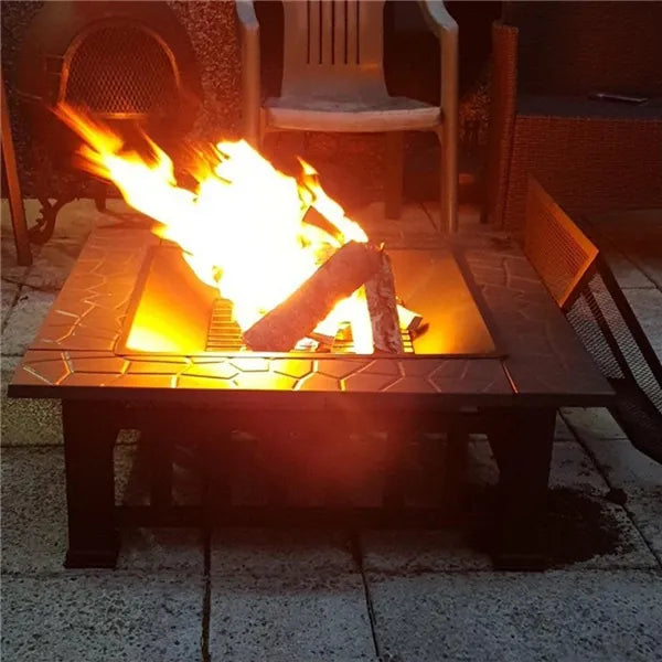 Outdoor Fire Pit - Metal Brazier Square Table Firepit Garden Patio Heater/BBQ/Ice Pit with Waterproof Cover 3 In 1