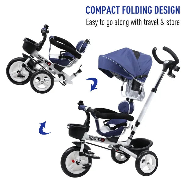 HOMCOM 4-in-1 Tricycle 3 Wheels Baby Pedal Trike W/ Canopy for Ages Over 18 Months Toddler, Blue