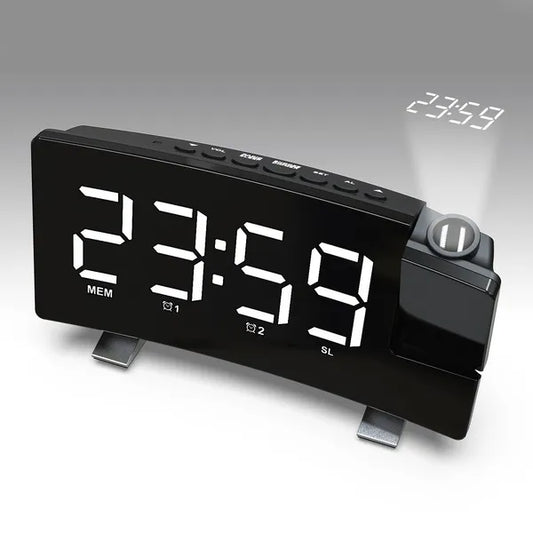 Projection Clocks FM Radio Curved Screen Digital Alarm Clock LED Display With Dimmer Dual Alarm with USB Charging Port