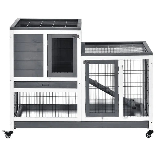 PawHut Indoor Wooden Rabbit Hutch Guinea Pigs House Bunny Small Animal Cage W/ Wheels Enclosed Run 110 X 50 X 86 Cm