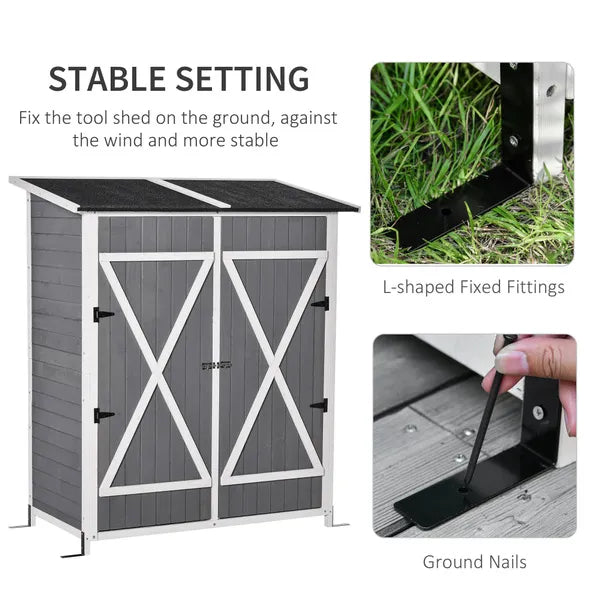 Garden Storage Shed Tool Organizer w/ Storage Table, Hooks, and Ground Nails