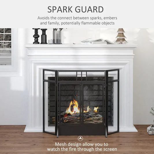 Folding Fireplace Screen with Door Freestanding Spark Guard Metal Mesh Fireguard, 3 Panel Black