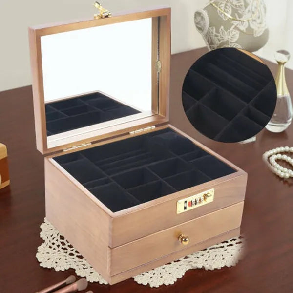 Walnut Colour Wood 2-layer Ring Necklace Wooden Jewellery Box with Mirror and Code Lock