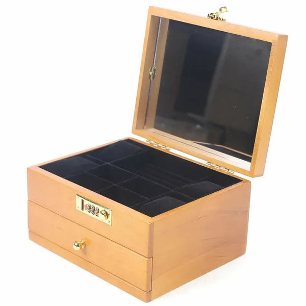Walnut Colour Wood 2-layer Ring Necklace Wooden Jewellery Box with Mirror and Code Lock
