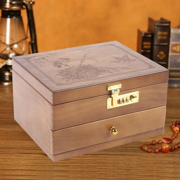 Walnut Colour Wood 2-layer Ring Necklace Wooden Jewellery Box with Mirror and Code Lock