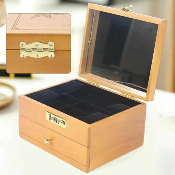 Walnut Colour Wood 2-layer Ring Necklace Wooden Jewellery Box with Mirror and Code Lock