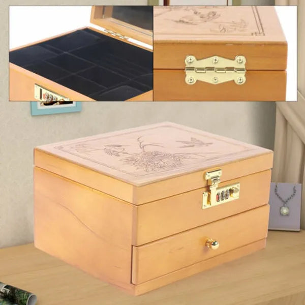 Walnut Colour Wood 2-layer Ring Necklace Wooden Jewellery Box with Mirror and Code Lock