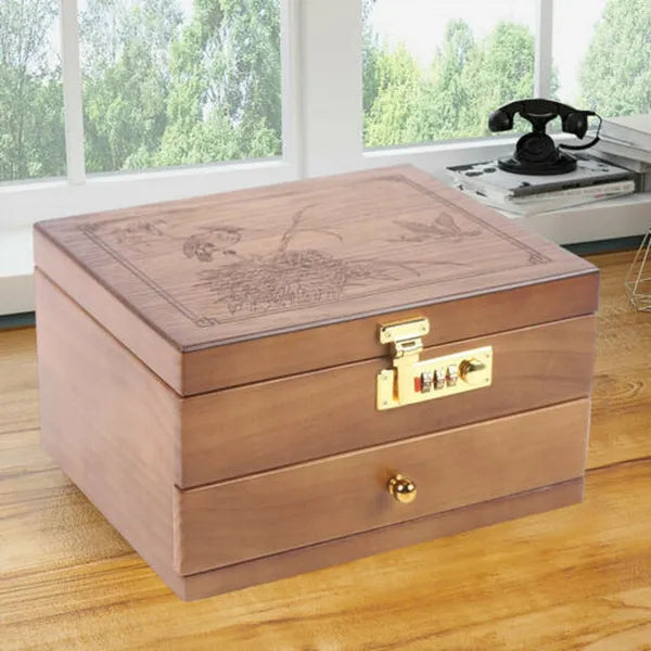 Walnut Colour Wood 2-layer Ring Necklace Wooden Jewellery Box with Mirror and Code Lock