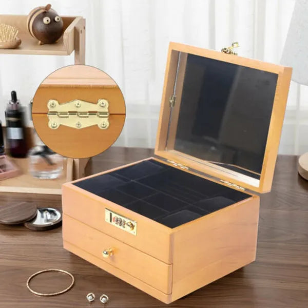 Walnut Colour Wood 2-layer Ring Necklace Wooden Jewellery Box with Mirror and Code Lock