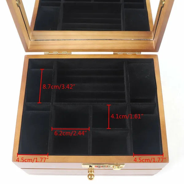 Walnut Colour Wood 2-layer Ring Necklace Wooden Jewellery Box with Mirror and Code Lock