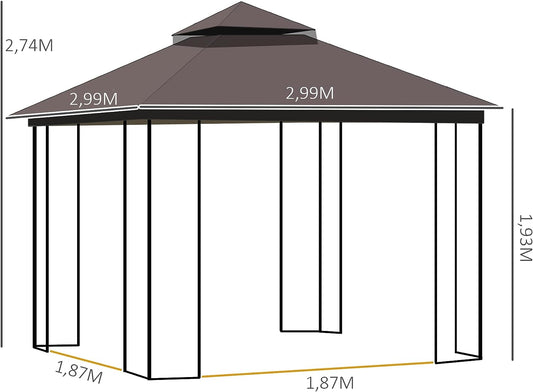 Gazebo Garden Outdoor Canopy Double Tier Roof with Mesh Curtains Display Shelves Coffee 3 x 3(m)