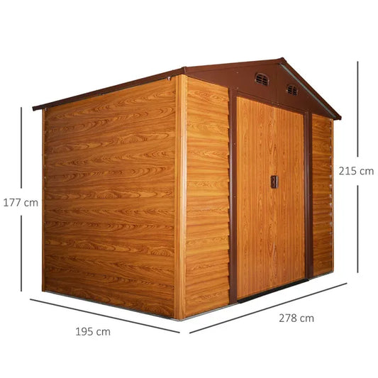 Outdoor 9 X 6Ft Metal Garden Storage Shed Apex Store for Gardening Tool with Foundation and Ventilation, Brown with Wood Grain