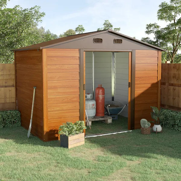 Outdoor 9 X 6Ft Metal Garden Storage Shed Apex Store for Gardening Tool with Foundation and Ventilation, Brown with Wood Grain