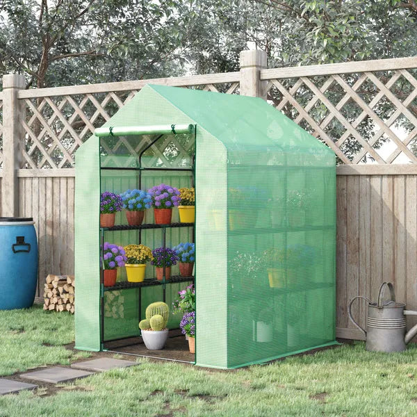 Walk in Garden Greenhouse with Shelves Polytunnel Steeple Green House Grow House Removable Cover 143x138x190cm, Green