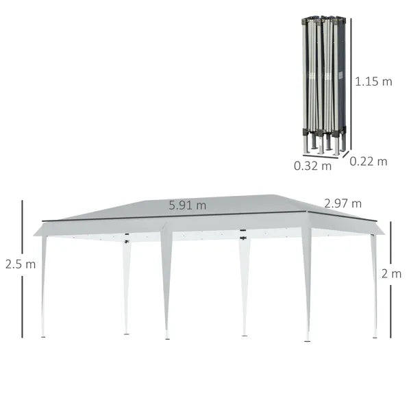 Pop Up Gazebo, Double Roof Foldable Canopy Tent, Wedding Awning Canopy w/ Carrying Bag, 6 m x 3 m x 2.5 m, Grey