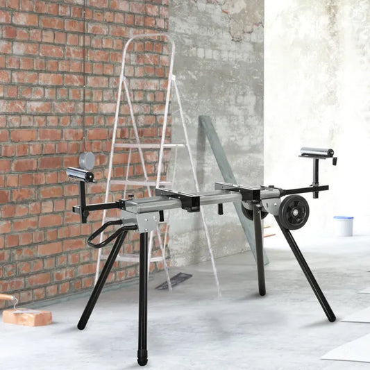 Mitre Saw Stand with Extensions, Sawhorse For Cutting Wood, Logs Foldable with Wheels Max Load 150 Kg, Black and Grey