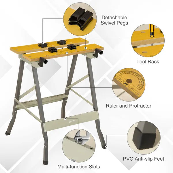 DURHAND 4-in-1 Work Bench, Saw Horse Folding Clamp Table w/ 4 Adjustable Clamping Pegs for DIY Home Garage
