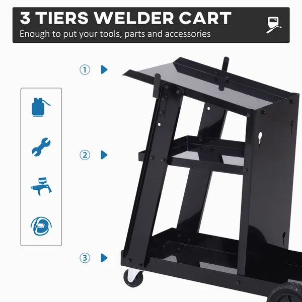 DURHAND Welding Cart for Tanks Gas Bottles, Welder Trolley Garage With Safety Chain and Wheels, Max Load 50kg, Black