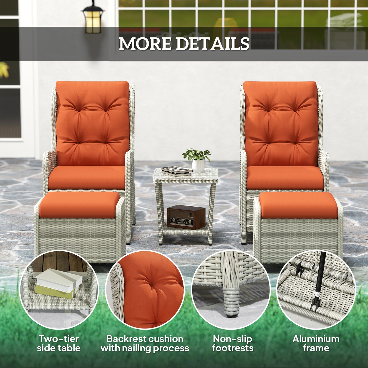 Outsunny 5 Pieces Rattan Bistro Set with Adjustable Back, Reclining Wicker Balcony Furniture with Cushions, Glass Top Coffee Table, Orange