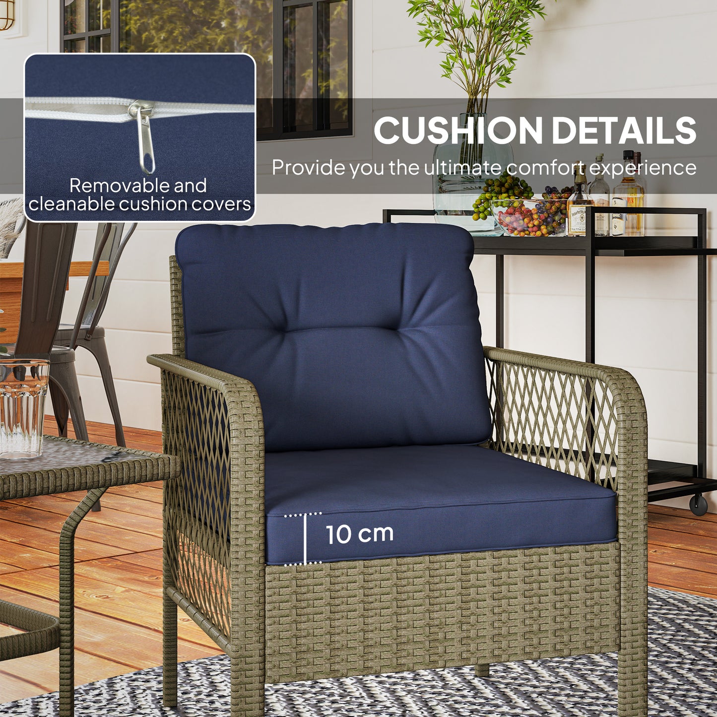 3 Pieces Rattan Bistro Set with Glass Top Coffee Table, Chairs and Cushions for Outdoor, Patio, Balcony, Charcoal Grey