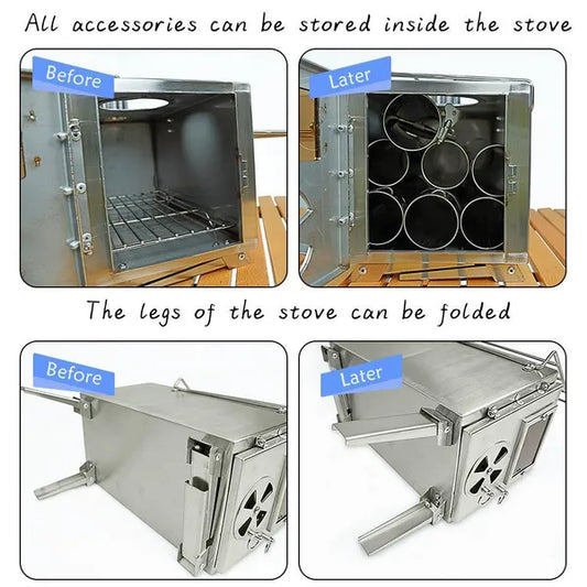 Camping Wood Stove With Chimney Portable Detachable Folding Stainless Outdoor Hiking Tent Camp Burner Firewood Furnace Heater