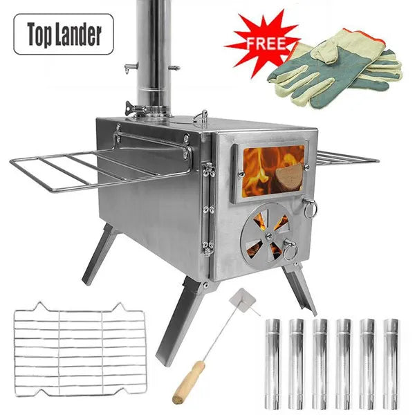 Camping Wood Stove With Chimney Portable Detachable Folding Stainless Outdoor Hiking Tent Camp Burner Firewood Furnace Heater