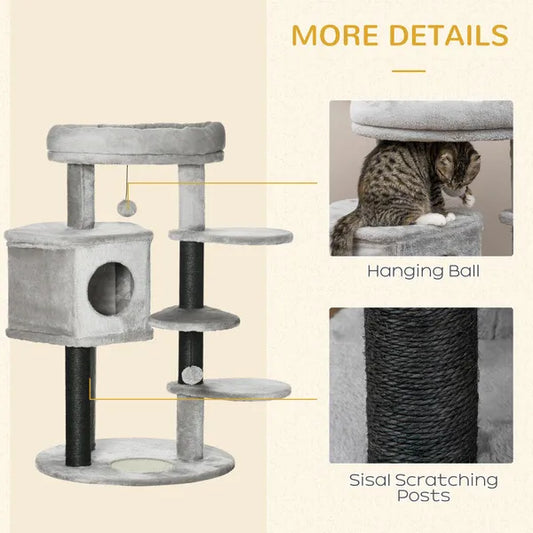 PawHut Cat Tree, Cat Tower For Indoor Cats with Sisal Scratching Post, Ramp, Kitten Bed, Condo, Ball Toy, Light Grey, 55x55x94 cm