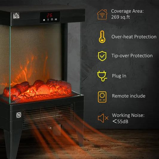 Electric Fireplace Heater Freestanding 750W/1500W With LED Screen Remote Included Quiet Heater Indoor Use Black