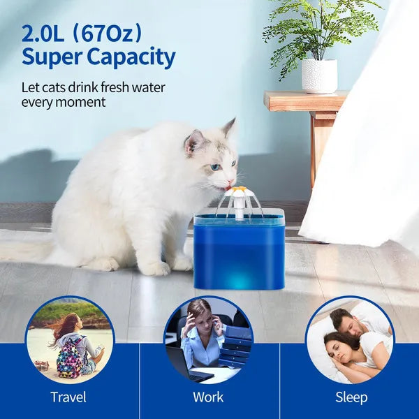 Cat Small Dog Waterfall Water Drinking Fountain Bowl 67oz/2L Ultra Quiet Pump With LED Light Three Ways To Drink Automatic