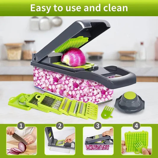 Vegetable Chopper, Multifunctional 13 in 1 Food Chopper, Kitchen Manual Julienne Grater Cutter for Onion, Garlic, Carrot, Potato, Tomato, Fruit, Salad