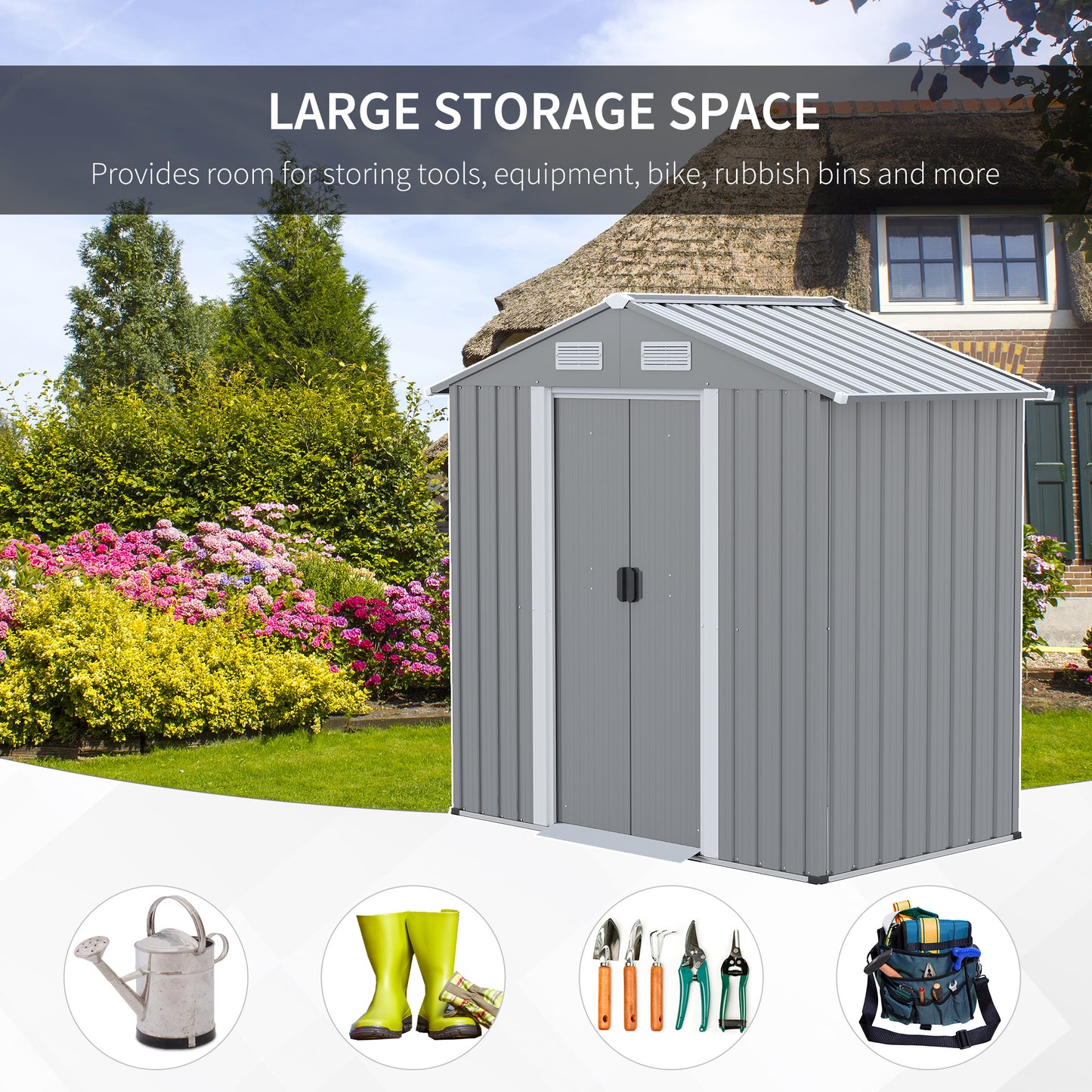 6.4 x 3.6ft Garden Metal Storage Shed w/ Double Sliding Door and Air Vents, Tool Storage for Backyard Patio Lawn, Grey