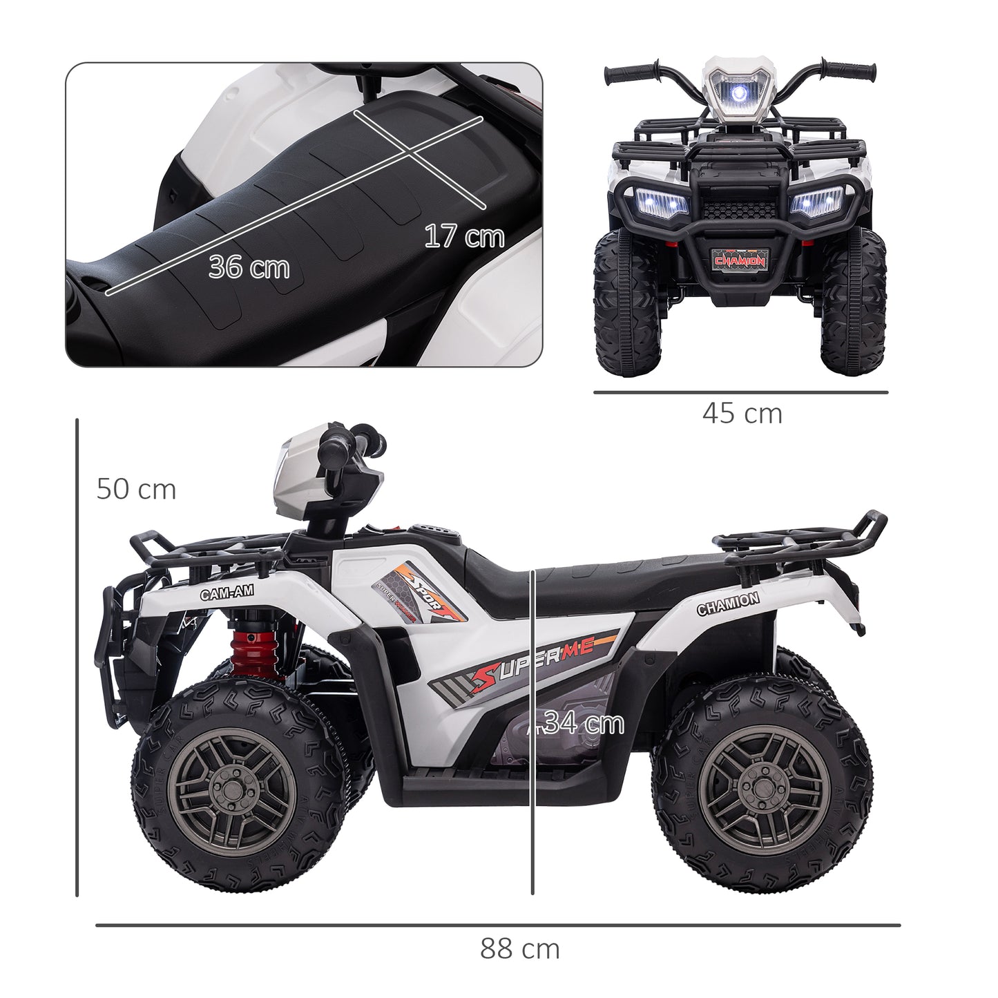 Kids Quad Bike with Forward Reverse Functions, Electric Ride On ATV with Music, LED Headlights, for Ages 3-5 Years - White 12V