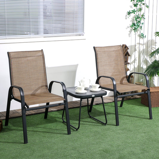 Outdoor Bistro Set, 3 Piece Patio Stackable Armchairs with Breathable Mesh Fabric and PSC Board Coffee Table, Brown