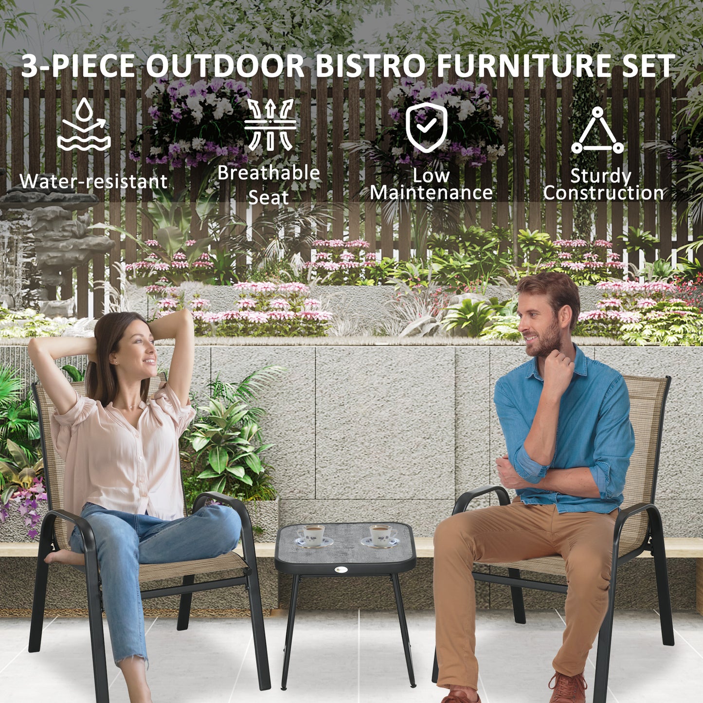 Outdoor Bistro Set, 3 Piece Patio Stackable Armchairs with Breathable Mesh Fabric and PSC Board Coffee Table, Brown