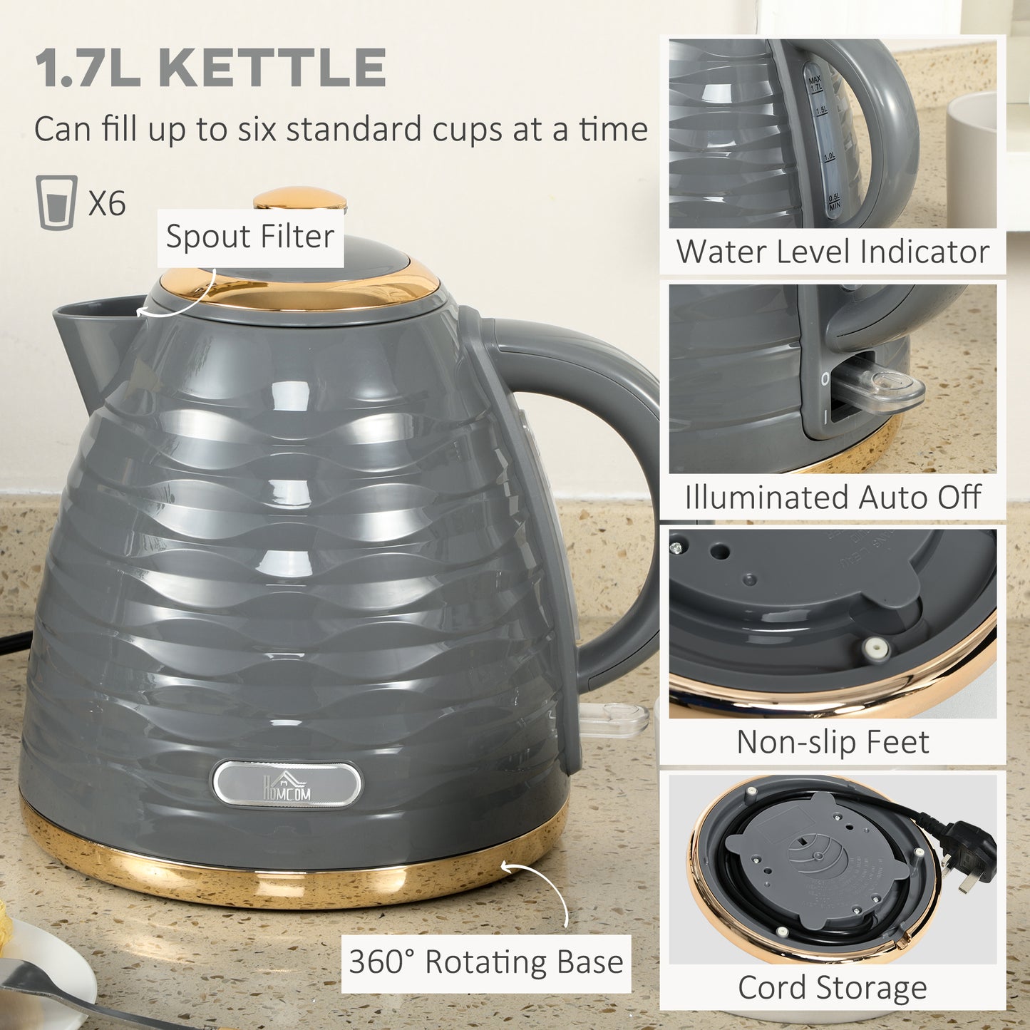 HOMCOM Kettle and Toaster Sets, 1600W 1.7L Rapid Boil Kettle & 4 Slice Toaster with 7 Browning Controls, Defrost, Reheat and Crumb Tray, Otter Thermostat,