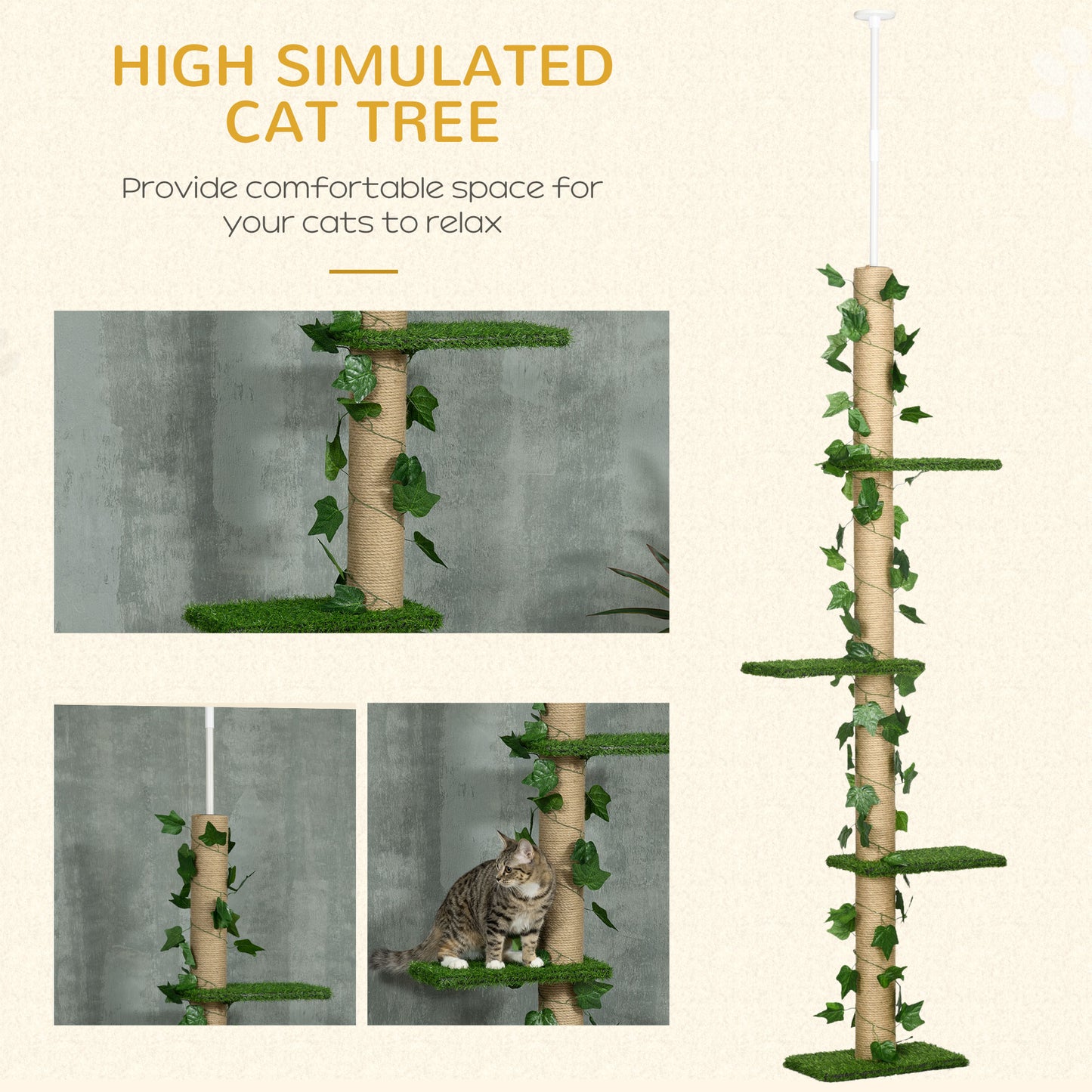 Floor to Ceiling Cat Tree, Height Adjustable Kitten Tower with Anti-slip Kit, Green 242cm