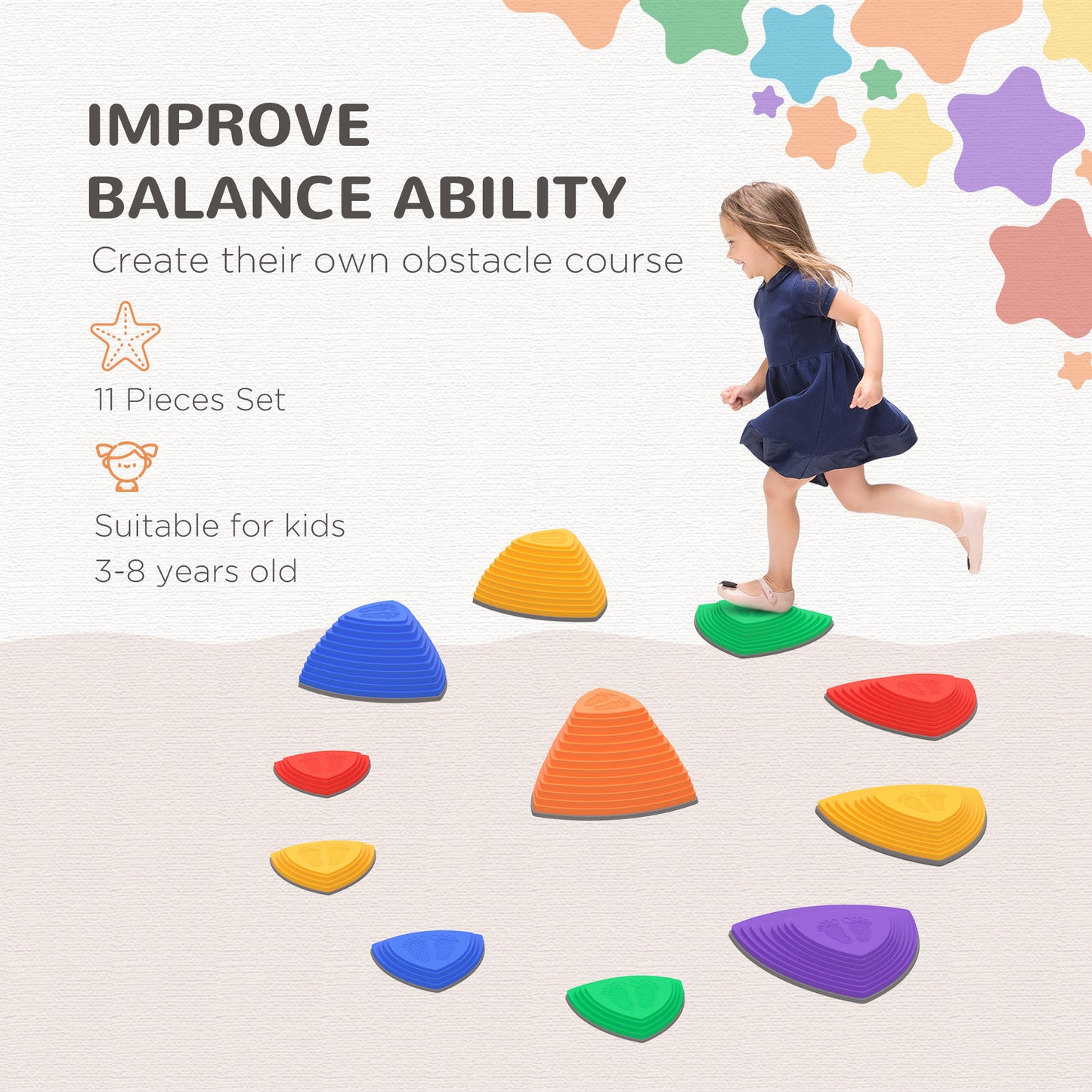 Stepping Stones Kids Balance River Stones Indoor Outdoor Obstacle Course, Sensory Play, Stackable 11 Pieces