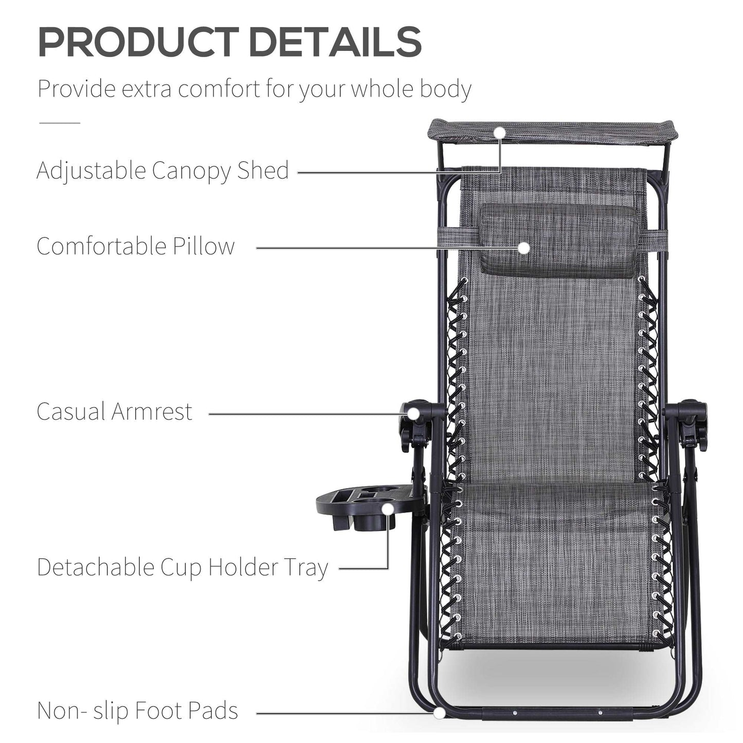 2 Piece Foldable Reclining Garden Chairs with Headrest, Zero Gravity Deck Sun Loungers Seat Chair with Footrest, Armrest, Cup Holder & Canopy Shade