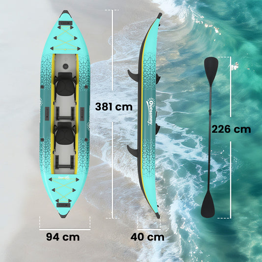Inflatable Tandem Kayak Set | 2-Person | 381cm | Drop-Stitch Floor | Adjustable Seats | 230kg | Aluminium Oars | Blue & Yellow