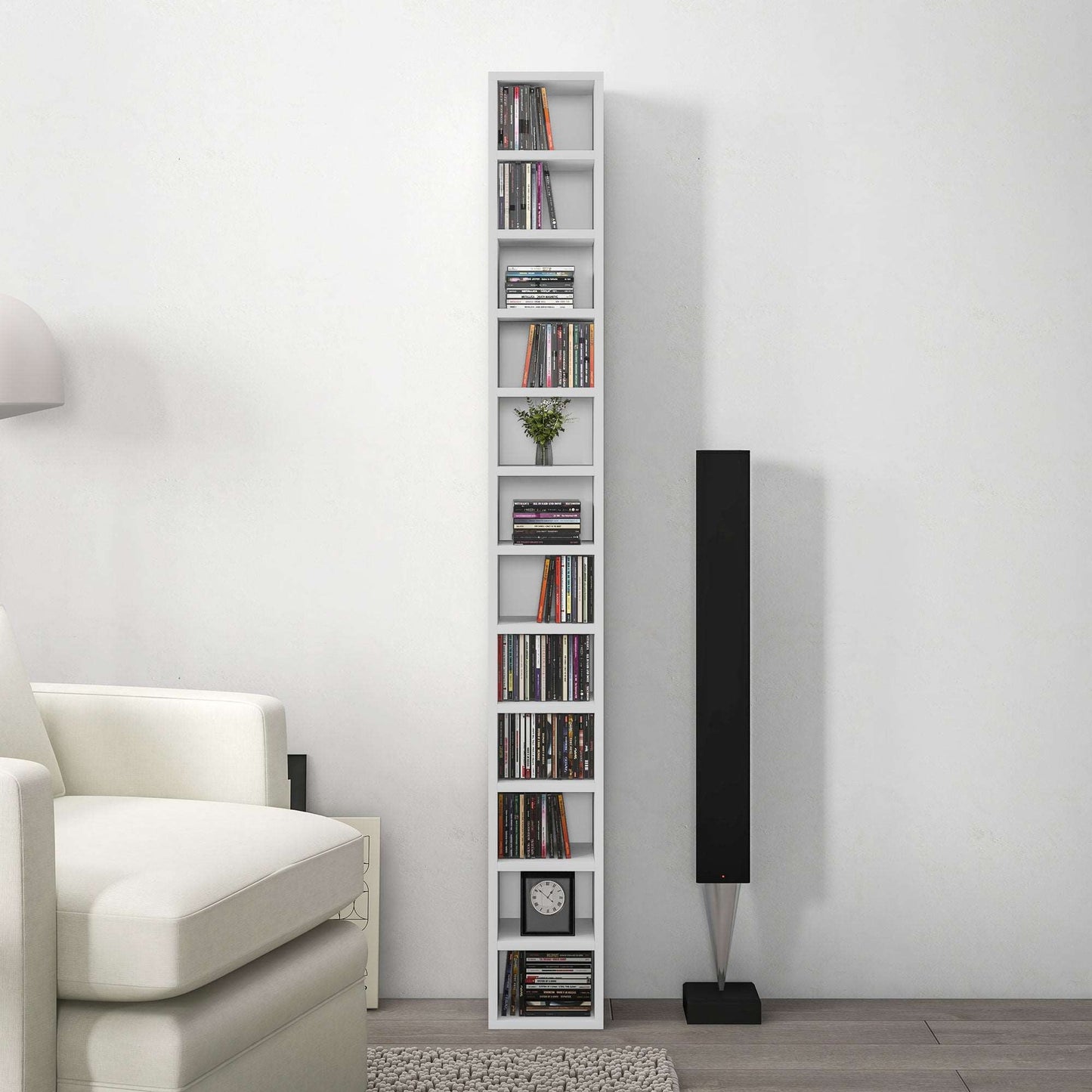 204 CD Storage Unit, DVD Storage Tower with 12 Cubes, 175cm Tall Bookcase for Living Room, Home Office, Study Room, White