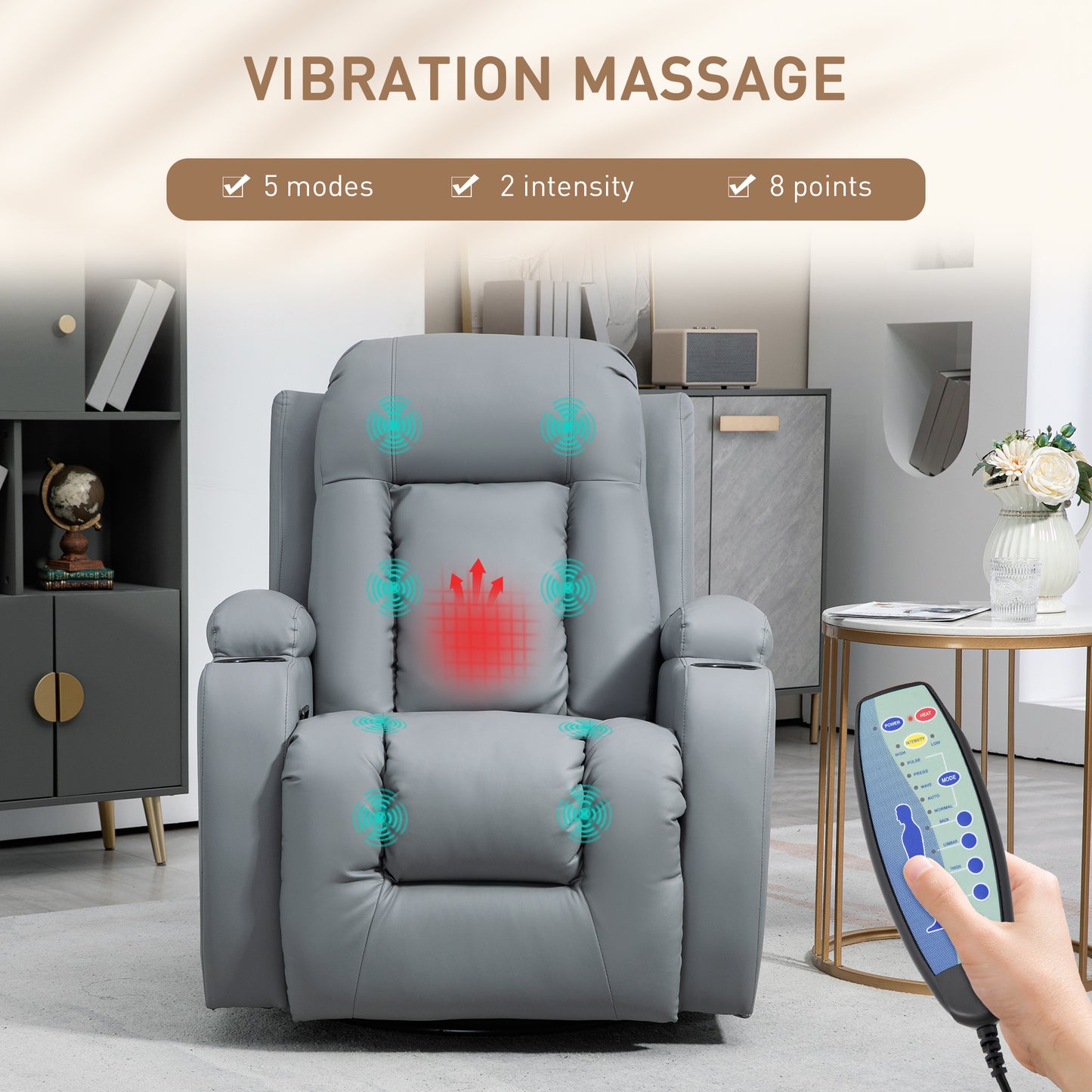 Massage Recliner Chair with 8 Vibration & Heat, PU Leather Recliner Armchair W/ Cup Holders, Side Pockets, Manual Reclining Chair, Light Grey