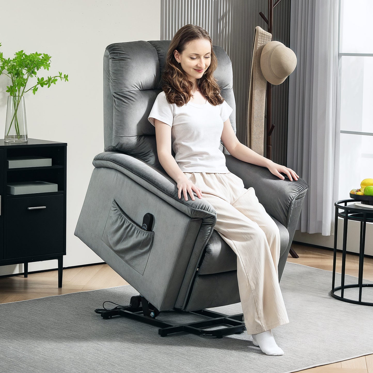 Velvet-Feel Electric Lift Recliner Chair - Dark Grey